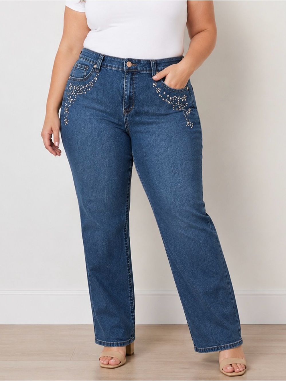Roz & Ali Jeans Size 18 Dark Blue Straight-Leg Stretch Jeans Rhinestone Detail
